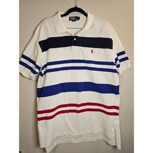 Polo Ralph Lauren Mens Large White Striped Short Sleeve Pique Polo Red Pony